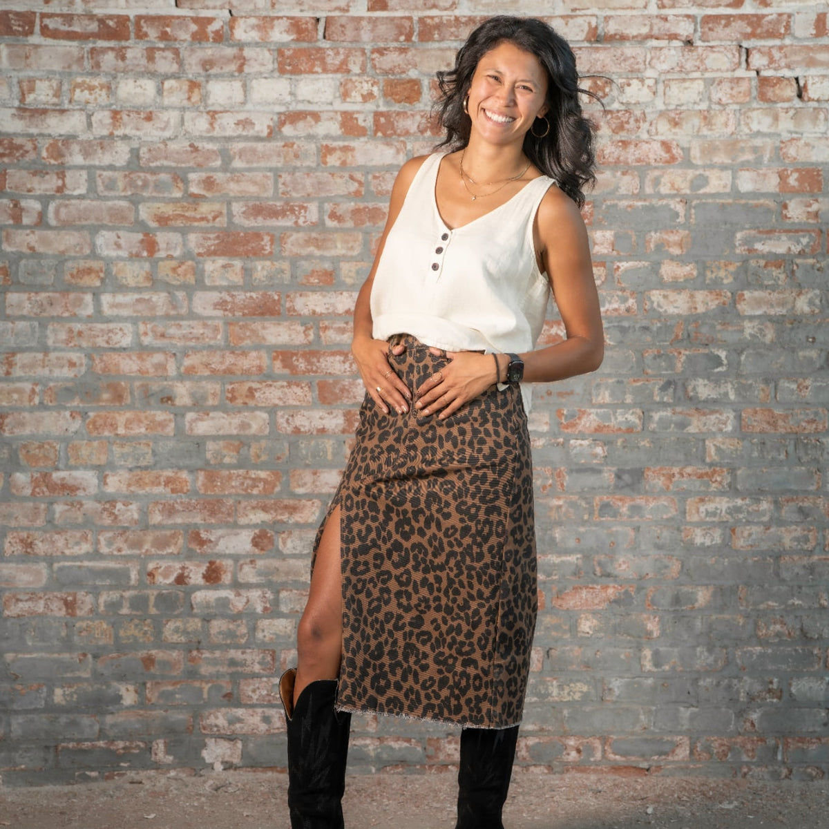 Leopard Denim Midi Skirt