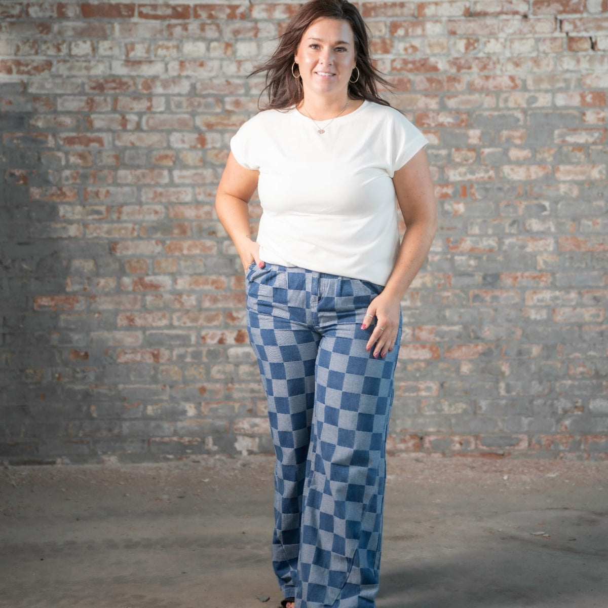 Blue Checkered Wide Leg Jeans