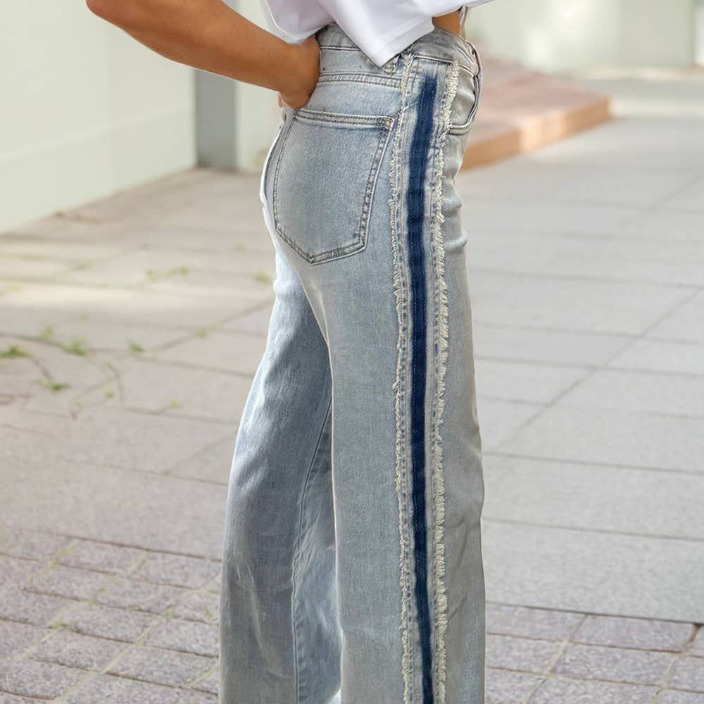 Frayed Patchwork Striped Jeans