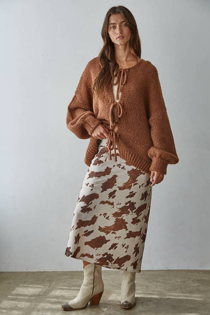 Cow Print Satin Midi Skirt