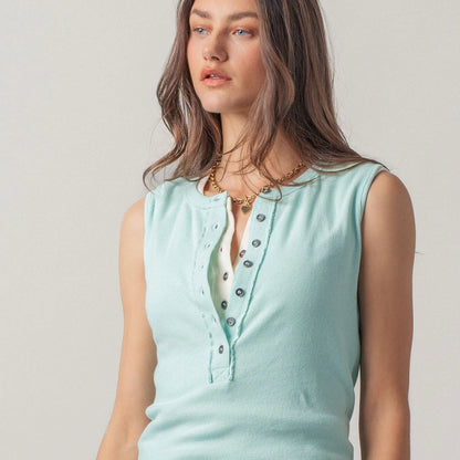 Raw Edge Ribbed Henley Mint Tank