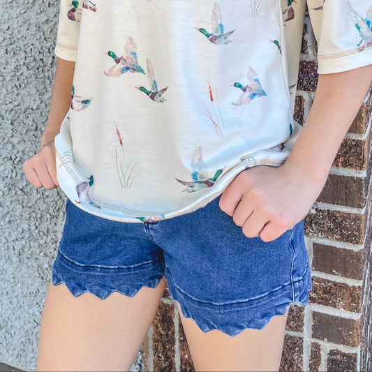 Scalloped Denim Shorts