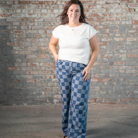 Blue Checkered Wide Leg Jeans