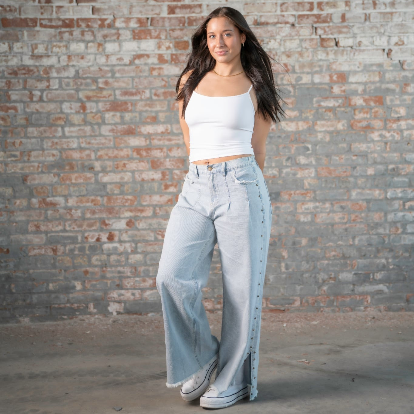 Studded  Frayed Wide Leg Jeans