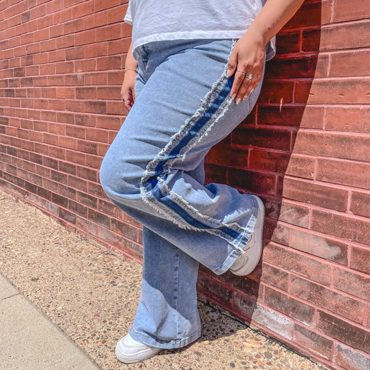 Frayed Patchwork Striped Jeans