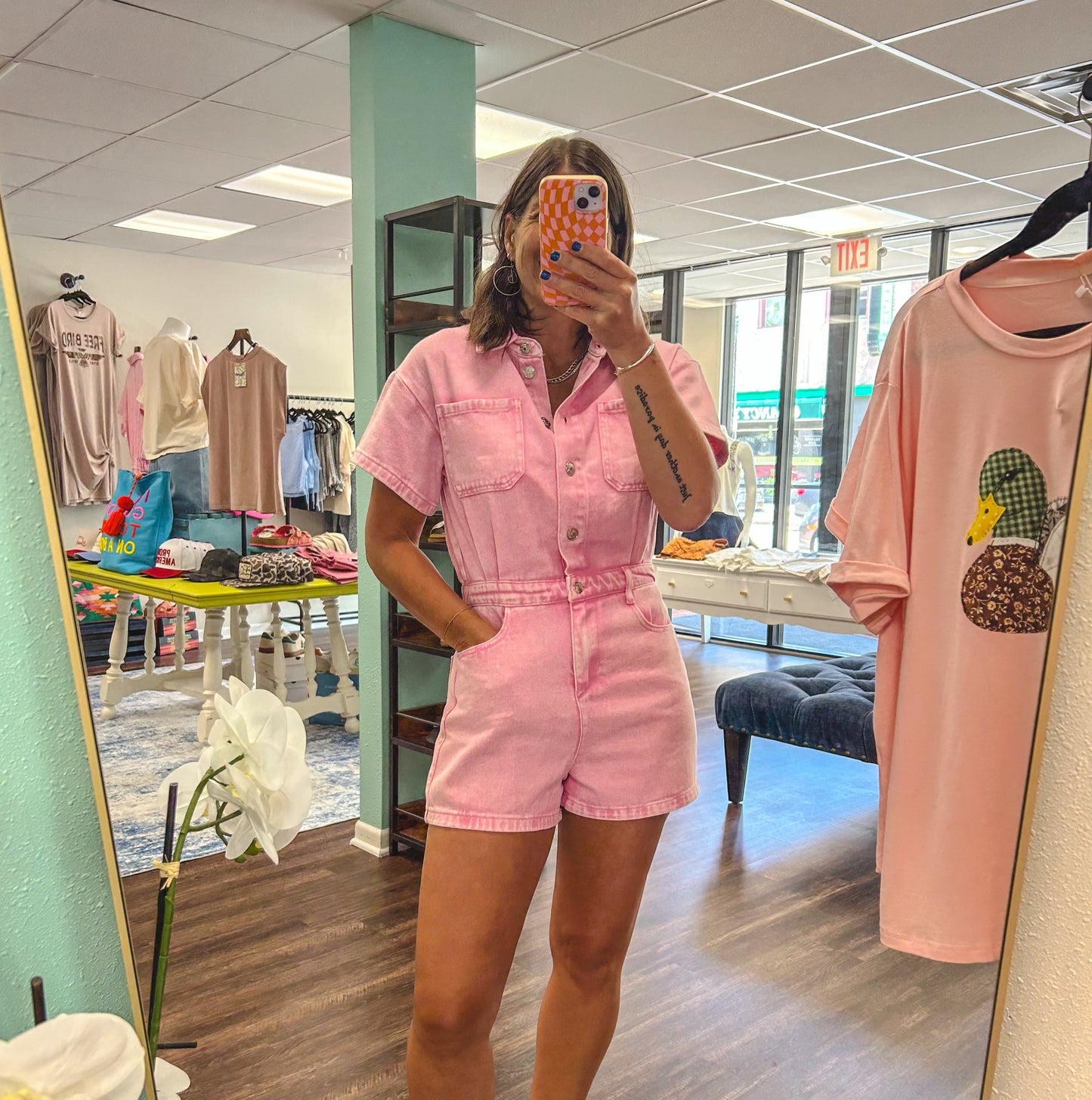 Pink Denim Romper