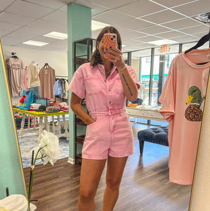 Pink Denim Romper