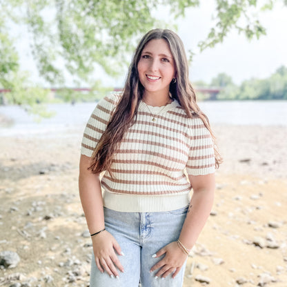Striped Scallop Puff Sleeve Knit Top