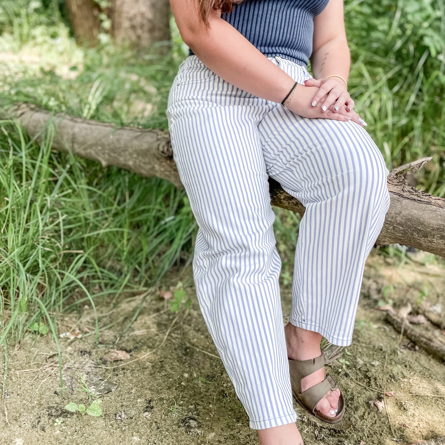 Blue Striped Barrel Pants
