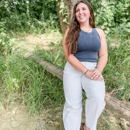 Blue Striped Barrel Pants