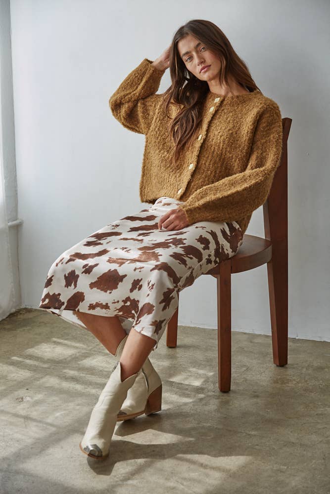Cow Print Satin Midi Skirt