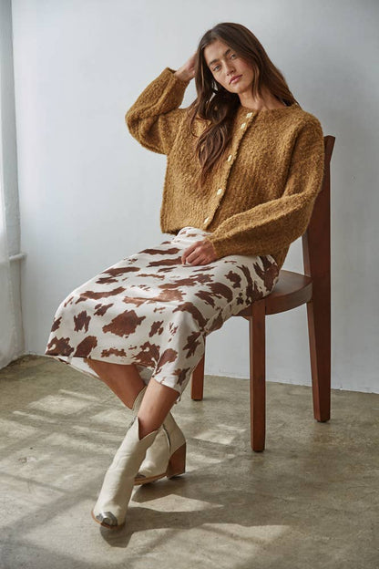 Cow Print Satin Midi Skirt