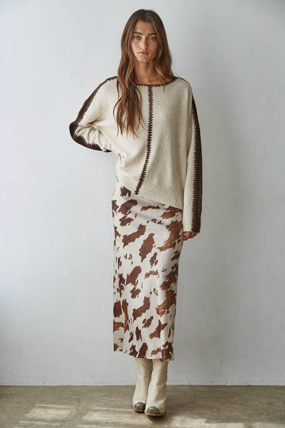 Cow Print Satin Midi Skirt